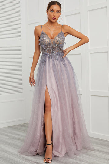 Spaghetti Straps Appliques Vestido longo baile com frente dividida